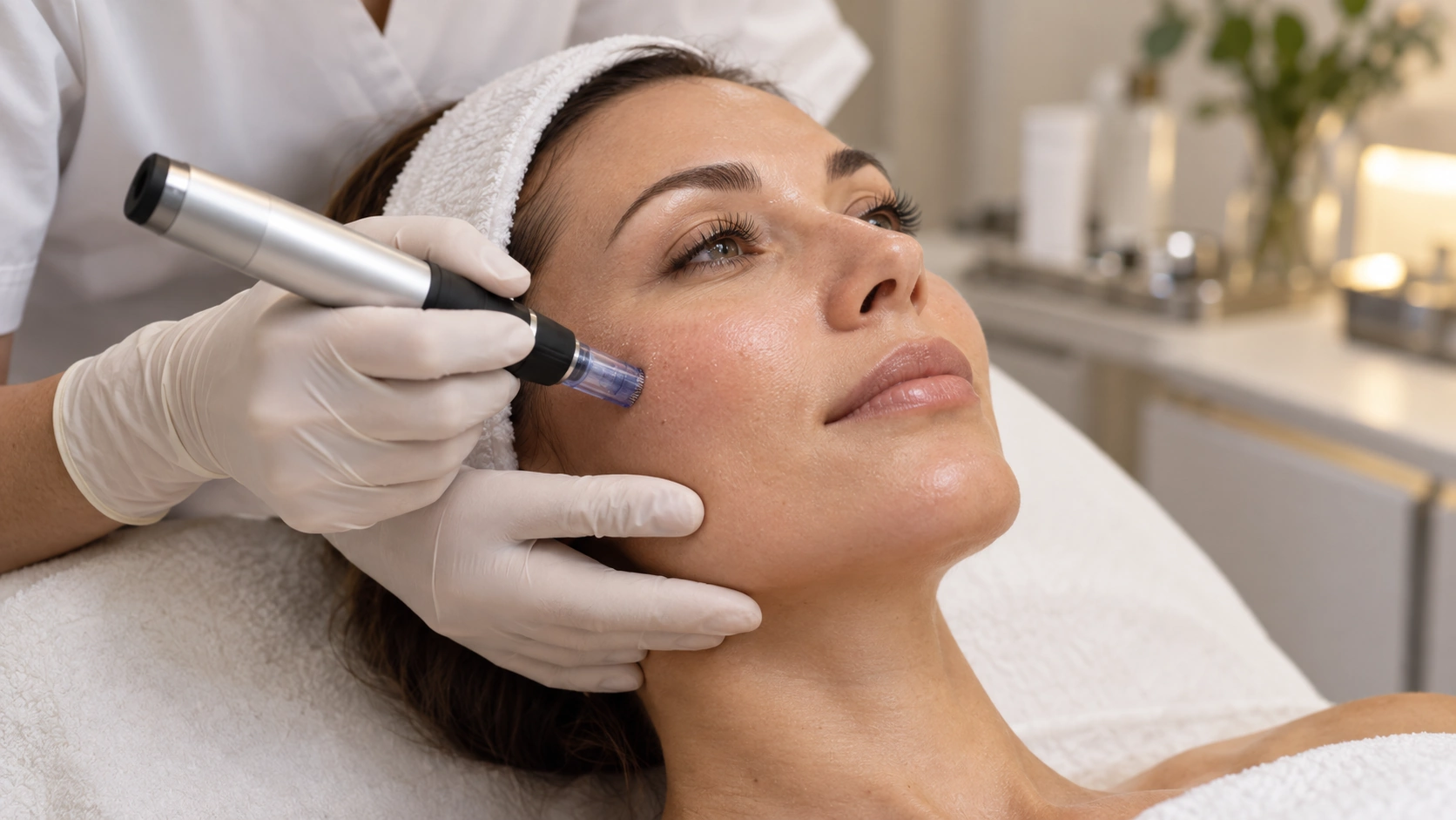 Procedimiento de microneedling facial realizado con dispositivo tipo Dermapen en un entorno médico-estético