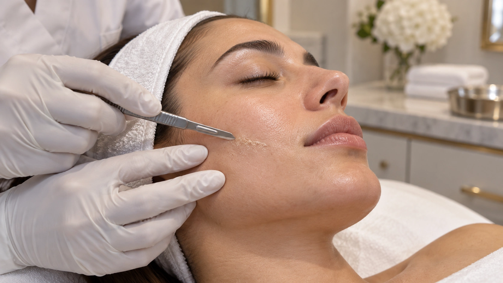 Procedimiento de dermaplaning facial realizado de forma superficial con hoja dermatológica