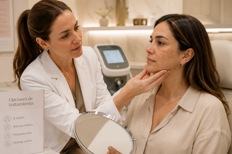 Mujer adulta con melasma en consulta médica estética, evaluando manchas faciales antes de indicar luz pulsada o Q-Switch
