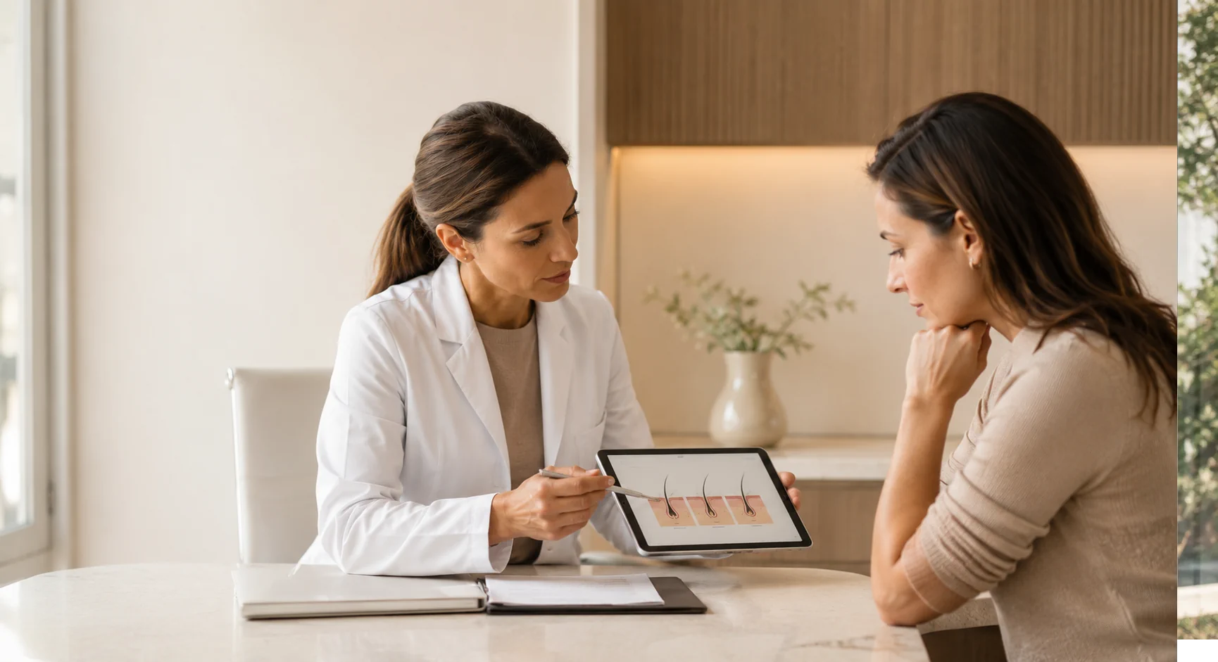Mujer adulta en consulta médica por caída capilar, evaluando alternativas a PRP capilar como Erbium, mesoterapia y minoxidil
